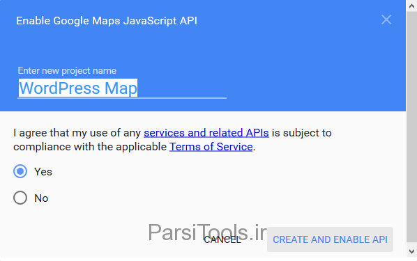 پنجره نام گذاری پروژه Google Maps API KEY